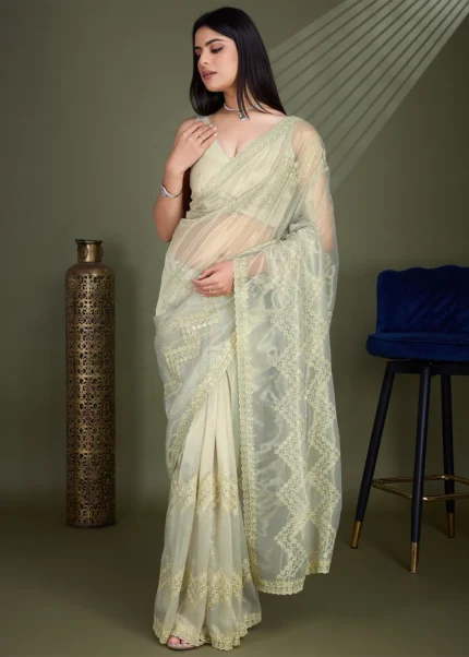 Pista Green Embroidered Net Scalloped Saree