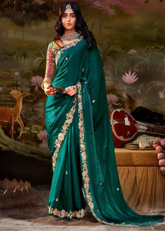 Teal Embroidered Organza Saree with Brocade Blouse