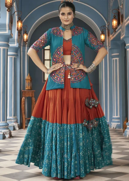 Teal and Orange Lehenga Choli with Mirror Work